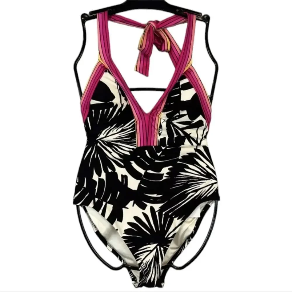 Trina Turk Lennox Plunge Pink One Piece Swimsuit Black White Pink Size 14 NWT